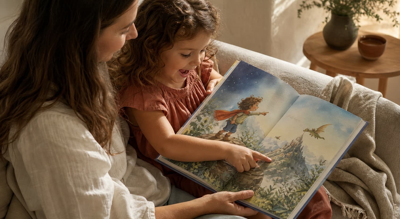 A parent and delighted child reading a personalized hardcover storybook together